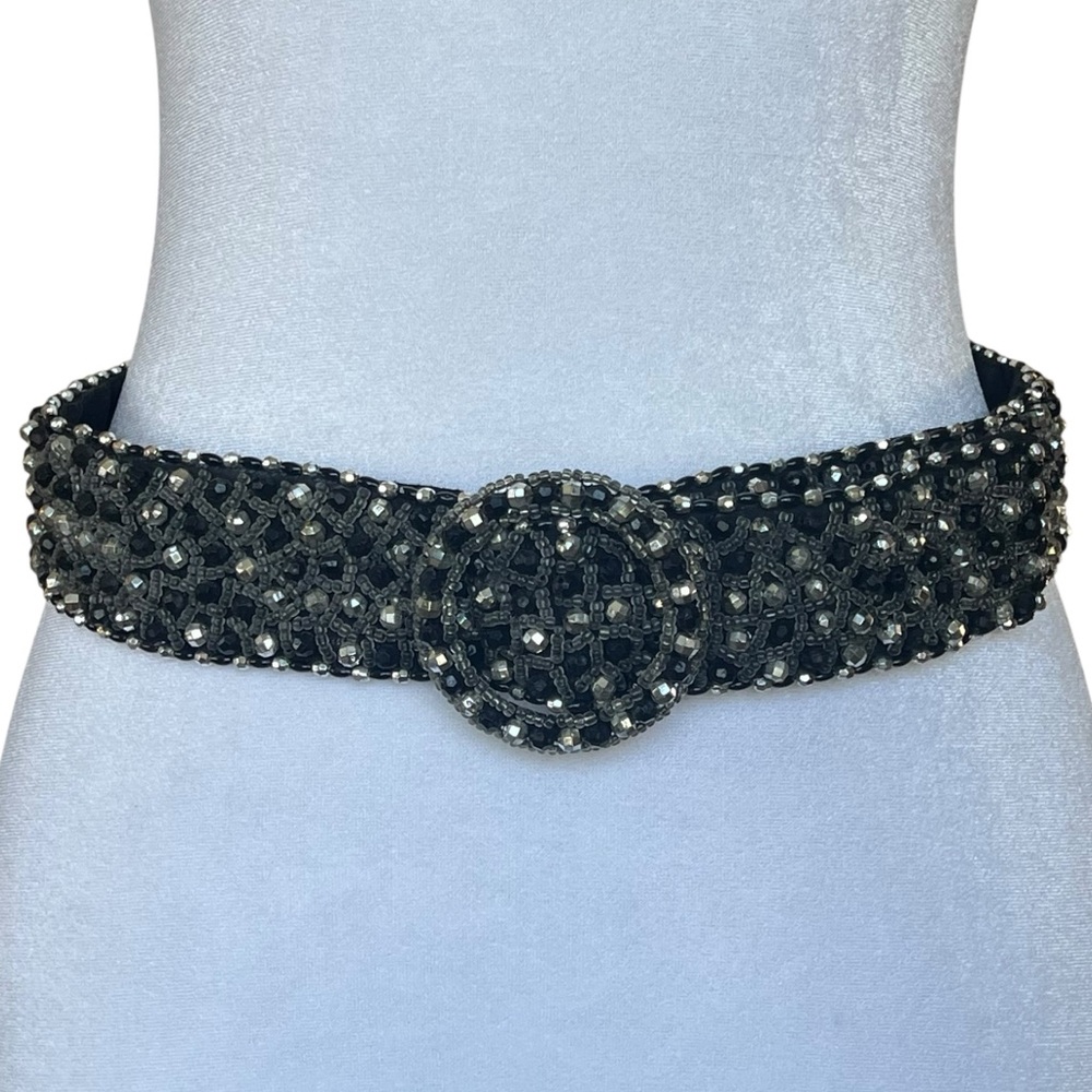 Vintage Beaded Glass Bead Belt Black Silver Statement Boho Y2K Artisan Festival